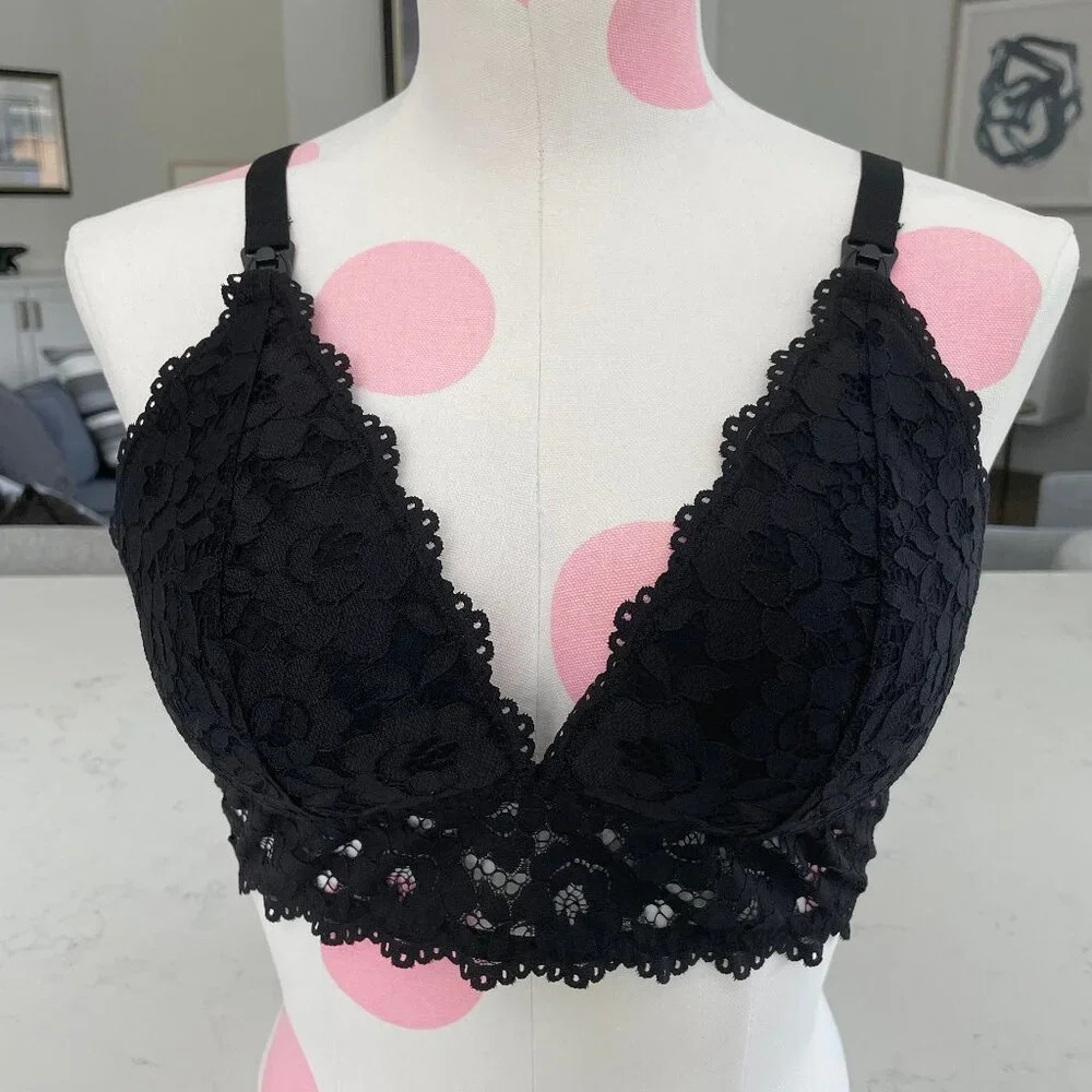 Momanda Lace Plunge Nursing Bralette Polyamide Elastane Black Sz 38B NWOT
